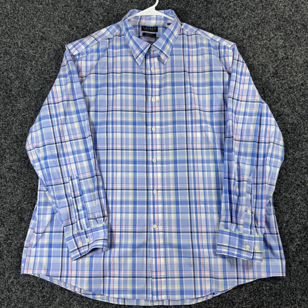 LAUREN Ralph Lauren‎ Men's 2XL Blue Plaid Stretch Fabric Regular Fit Button Down